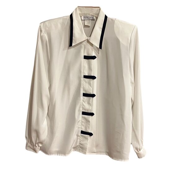 Vintage 90s Blouse Career Shoulder Pads Button Up LS Sz 8 USA Light Academia - Picture 1 of 12
